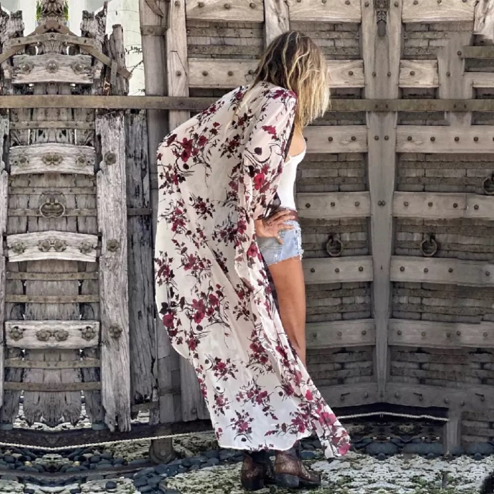 SOLD OUT White Wine Floral Kimono Maxi Dusters Coverup Wrap - Picture 4 of 5